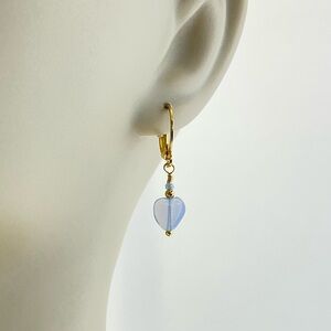 Opaline Blue Heart Earrings with Gold Lever Back Huggies; Wire Wrapped